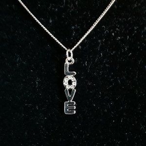 Vintage Minimalist Silver Tone Necklace with LOVE Pendant with Rhinestone Accent